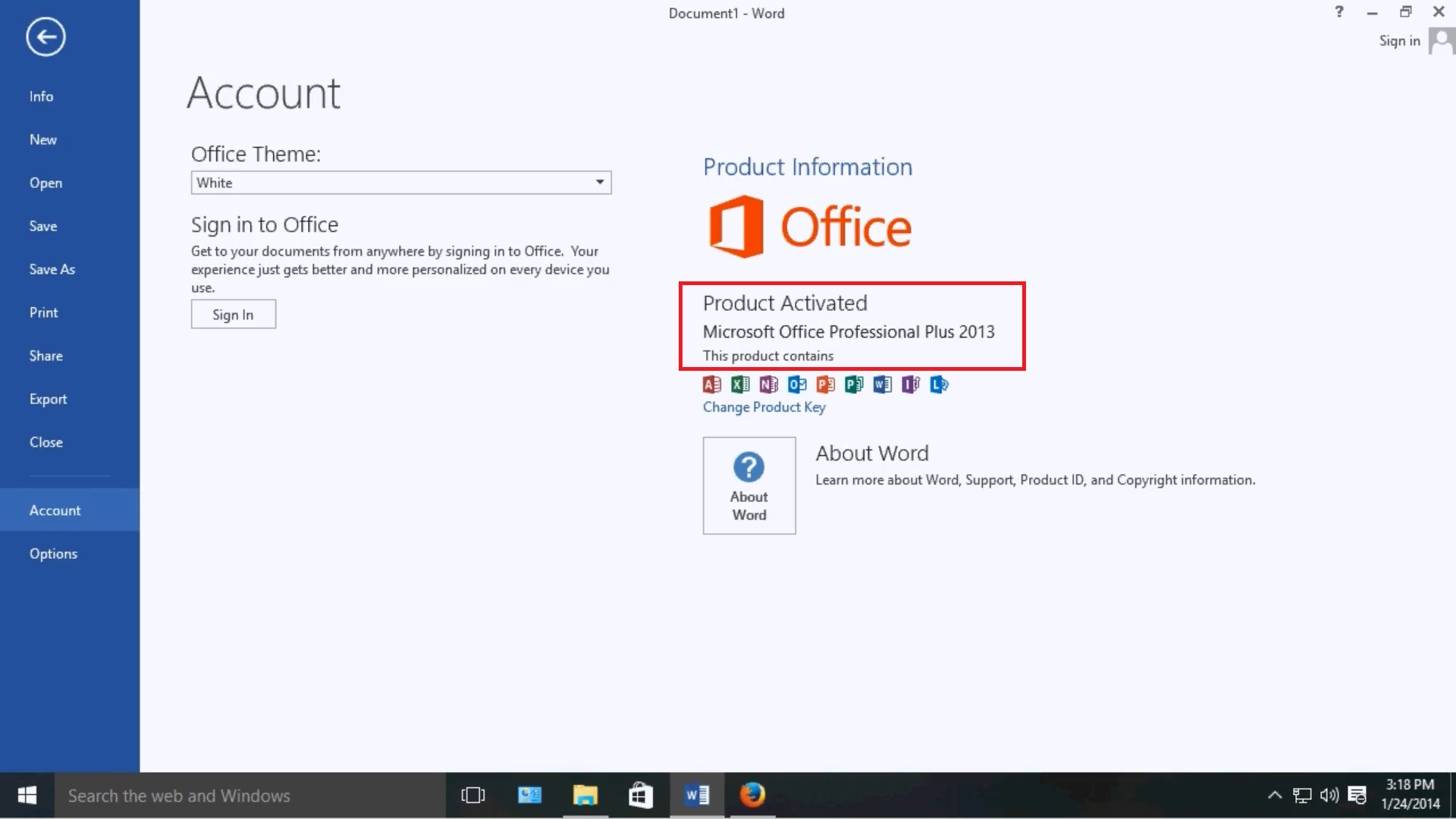 Microsoft Office 2013 activated using Product Key