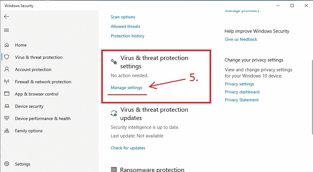Under the "Virus & threat protection settings" section, click the Manage settings