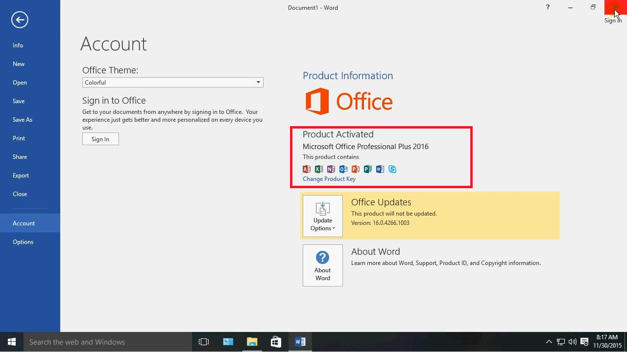 Microsoft Office 2016 is activated