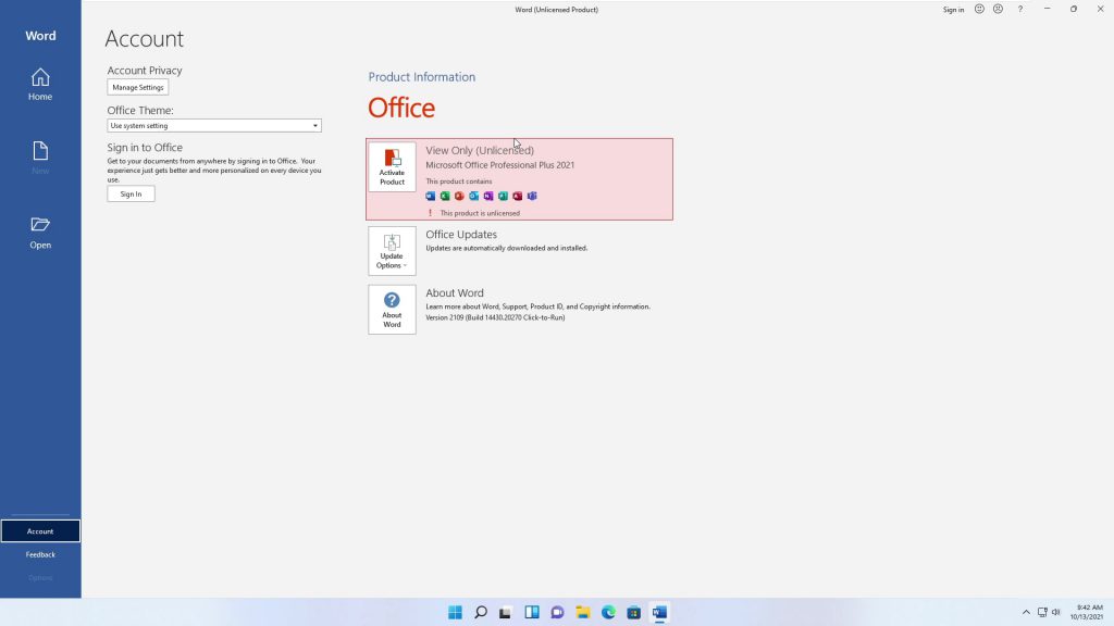 Microsoft Office 2021 is not activated